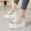 white platform slippers chunky heels sandals women beaded beach slippers women for summer slides women designer wedges shoes.