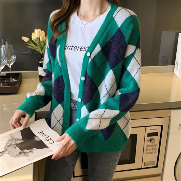 2021%20Early%20Autumn%20New%20Color-Blocking%20Diamond-Shaped%20Top%20V%20Collar%20Sweater%20Loose%20Knitted%20Winter%20Coat%20Women's%20Cardigan%20-%20Image%206