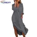 Women Midi Dress Summer V-neck Shirt Dress with Pockets Side Split Perfect for Beach Holidays less Than Women Side Slit Hem Dress.