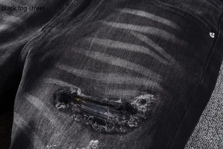 black%20fog%20street%20Men's%20pleated%20patchwork%20ripped%20black%20biker%20jeans%20Trendy%20streetwear%20holes%20stretch%20denim%20pants%20638#%20-%20Image%203