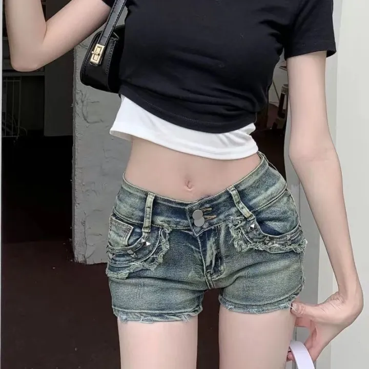 American%20Hot%20Girl%20Low%20Waist%20Denim%20Super%20Short%20Shorts%20Women's%20Summer%20Slim%20Fit%20Hot%20Pants%20Retro%20Light%20Color%20Burr%20Straight%20Pants%20-%20Image%202