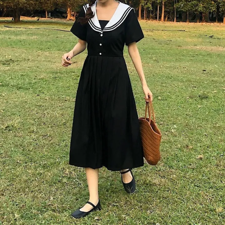 Dresses%20Women%20Preppy%20Style%20Sailor%20Collar%20Japanese%20Stylish%20Short%20Sleeve%20Sweet%20Vintage%20High-waist%20Students%20Girls%20All-match%20Female%20-%20Image%204