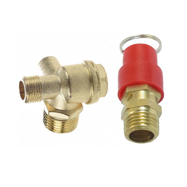 1pcs 3/8 inch Female Thread Tube Connector Air Compressor Check Valve Gold & 1pcs Pressure Relief Valve 1/4 PT Air Compression Valve Red + Gold