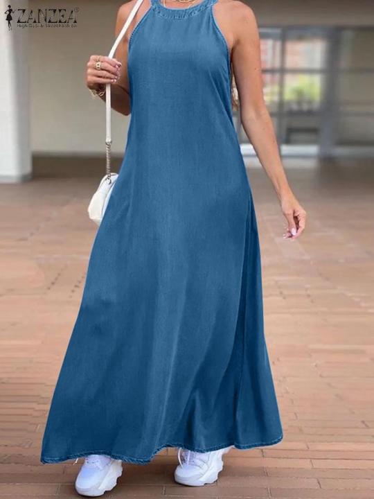 2024 PLUS SIZE ZANZEA Fashion Denim Long Dress Women Halter Swing Sundress Holiday Sleeveless Robe Casual Loose Maxi Dress