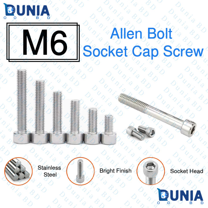 M6 Allen Bolts 12mm 16mm 20mm 25mm 30mm 40mm 50mm 60mm 70mm 75mm 100mm Fully Threaded Stainless Steel Socket Cap Screws