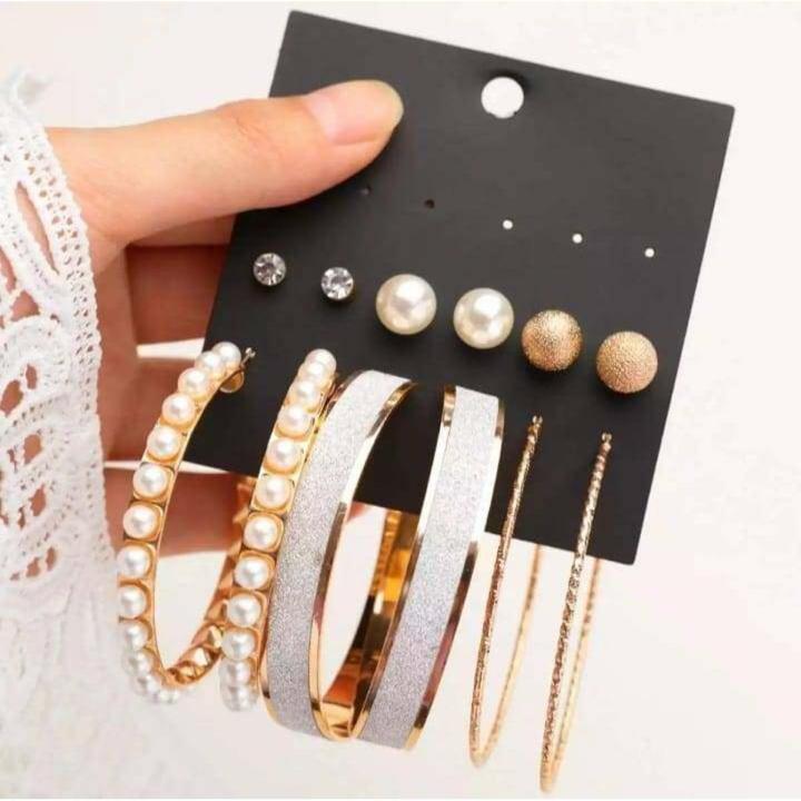 Trendy Korean Earrings 6 Pairs = 12 Pcs Pearl Stud Big Hoop Earrings Set for Girls Simple Stylish - Earrings Set for Women New Collection - Ear Ring for Girls Simple Stylish
