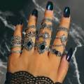 15 Pcs/Set Bohemian Retro Crystal Flower Leaves Hollow Lotus Gem Silver Ring Set - Ring For Girls. 