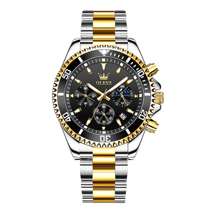 OLEVS 2870 Silver And Golden Two-tone Stainless Steel Chronograph Watch For Men - Black & Golden