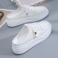 Korean Soft Leather2023New Summer Half-Support White Shoes Women's Shoes Thick Bottom for Outdoors Lazy Sandals Closed Toe Casual. 