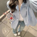 Casual Korean Style Loose Blue with Long Sleeves Shirt Simple Small Inner Wear Blouse Spring and Autumn Design Sense Bandage Dress Shirt.