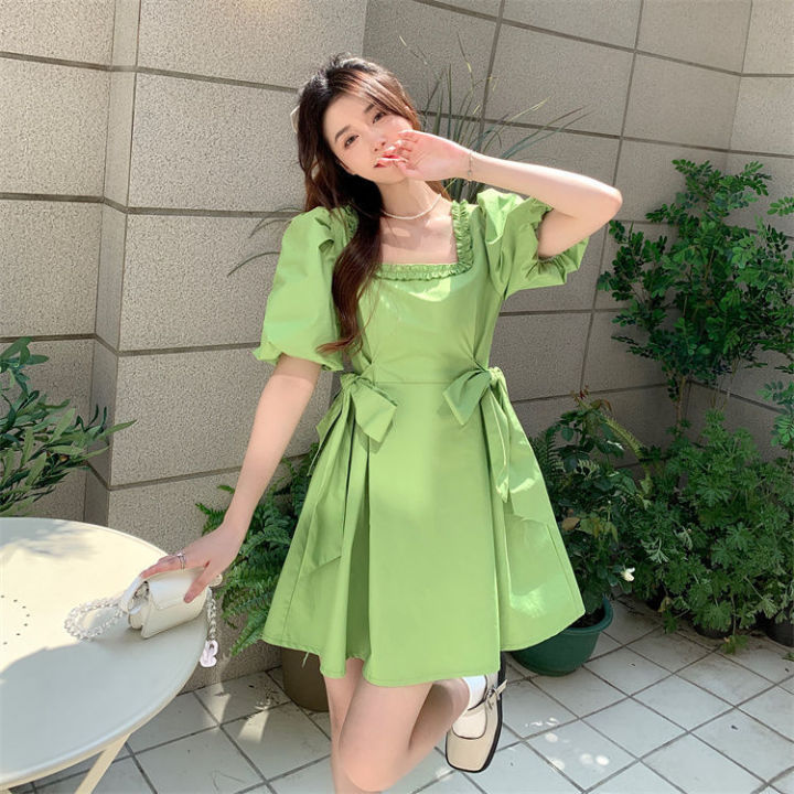 Bow%20Tie%20Square%20Collar%20Dress%20Women's%20Spring%20and%20Summer%202022%20New%20Korean%20Style%20Avocado%20Green%20Waist%20Slimming%20A-%20line%20Dress%20-%20Image%205