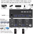 USB 3.0 KVM switch with three inputs, two outputs, and dual monitors - black.