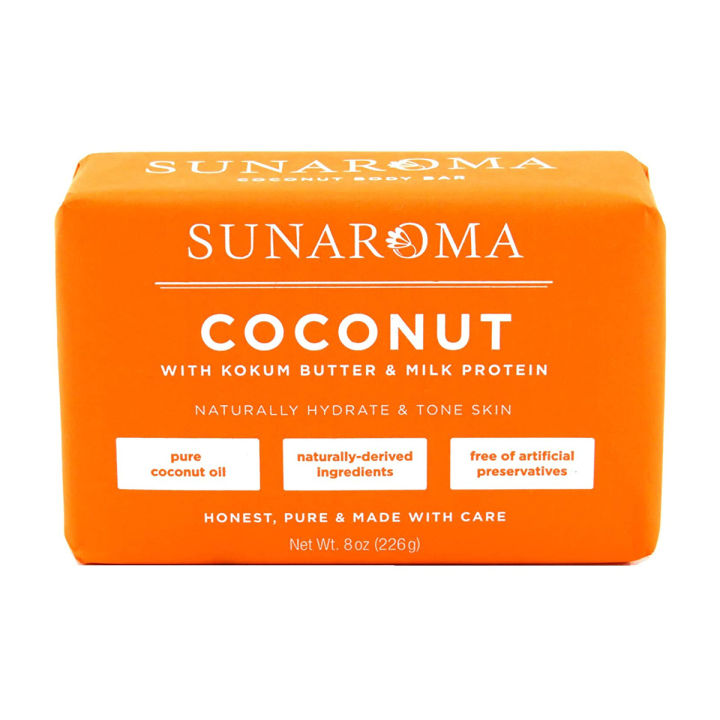 Sunaroma Coconut Kokum Butter Soap (8 oz) - Natural Soap Brightens and Tones Dull Skin - Kokum Butter and Milk Protein Soothe and Moisturize the Complexion - Paraben and Sulfate Free, Made in the USA