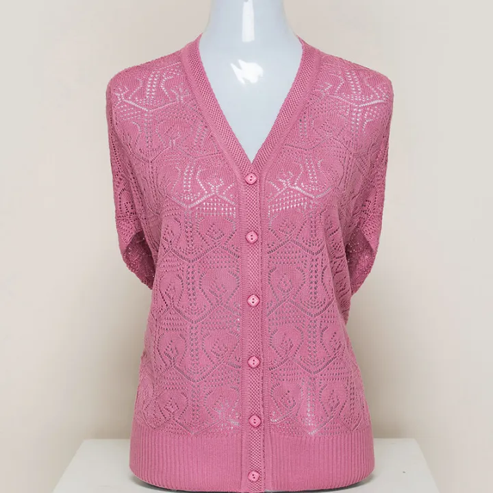 Middle-Aged%20and%20Elderly%20Women's%20Clothing%20Spring,%20Autumn%20and%20Summer%20Wear%20Mother's%20Clothing%20Thin%20Mesh%20Shirt%20Hollow%20outVCollar%20Sweater%20Blouse%20Sweater%20Coat%20Cardigan%20-%20Image%209