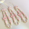 Korean Cute Charm Bear Love Heart Bowknot Phone Chains For Women Girls Jewelry Strap Pink Beaded Lanyard Hanging Cord Bracelet. 