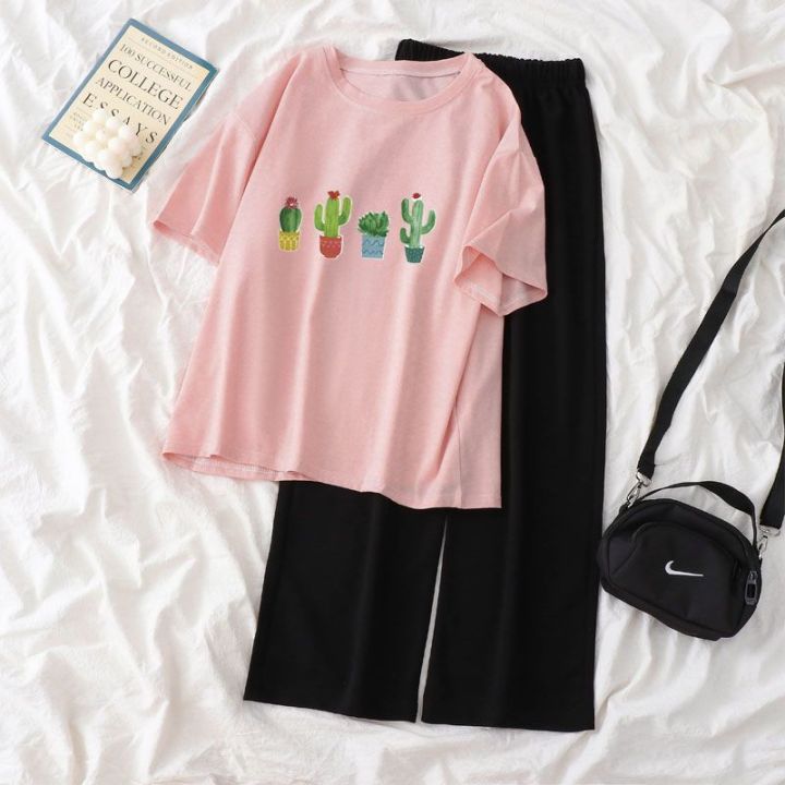 Single%20Piece%20/%20Suit%20T%20T-shirt%20Women's%20Summer%20Korean%20Style%20ins%20Cartoon%20Small%20Printed%20Loose%20Wide-Leg%20Pants%20Short-Sleeved%20Shirt%20Fashion%20-%20Image%206