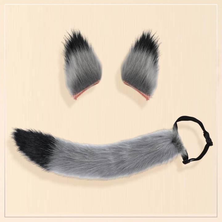 Fox Ears Tail Cosplay Props Set, Hair Clip Ears Adjustable Tail Size Imitation Fox Costumes for Carnival Costume Party Girls , Gray Black