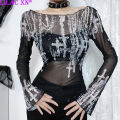 【Best value for money】 Goth Lace Mesh See Through Long Sleeve T-Shirts Y2K Pearl Print Off Shoulder Slim Tops Women Summer New Fashion Tees.