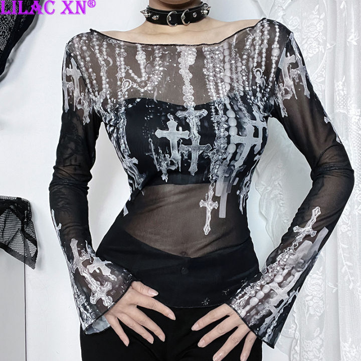 【Best value for money】 Goth Lace Mesh See Through Long Sleeve T-Shirts Y2K Pearl Print Off Shoulder Slim Tops Women Summer New Fashion Tees