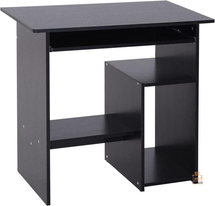 RoyalDecor Compact Small Computer Table Wooden Desk Keyboard Tray Storage Shelf Modern Corner Table Home Office Black