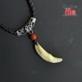 Cool Men's Necklace Bone Pendant handmade Tibetan Amulet Fangs Real Natural Tooth Vintage Wolf Tooth Charm White Brown Ecru. 