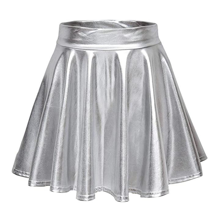 Womens Laser High Waist Mini PU Leather Skirt Club Party Dance Shiny Holographic Skirts Harajuku JK Metallic Pleated Skirt