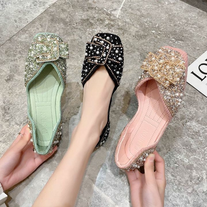 A drop shipping single shoe women's 2021 spring new bow shallow square toe soft-soled fairy beanie shoes women's shoes