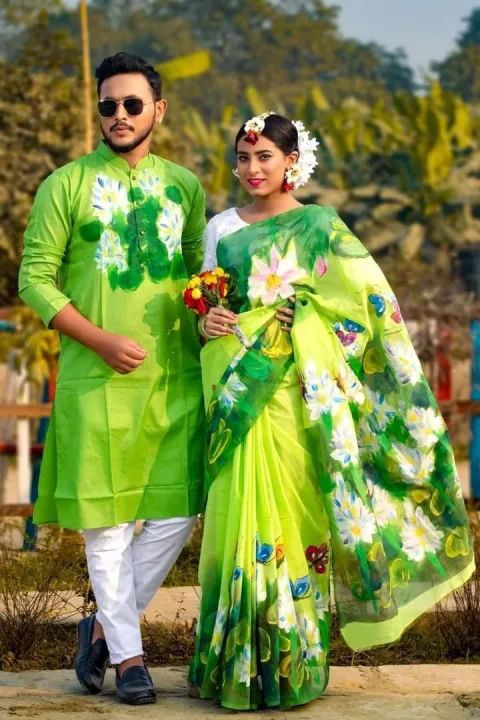 New%20Exclusive%20Designer%20Half%20Silk%20Hand%20Print%20Saree%20And%20Dhupian%20Panjabi%20For%20Combo%20Couple%20Men%20And%20Women%20-%20Panjabi%20-%20Image%202