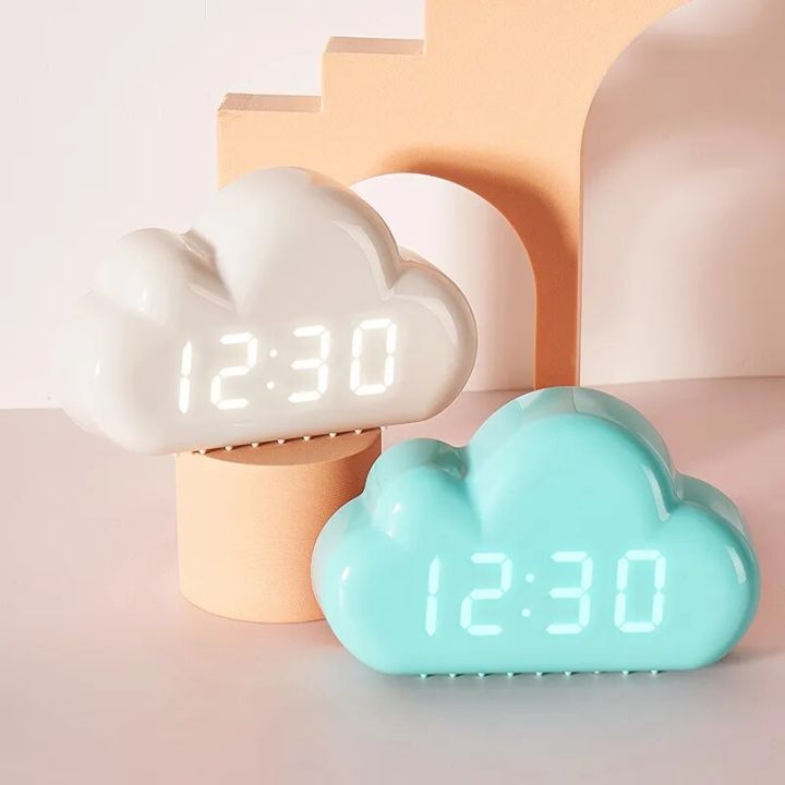 Kawaii Clocks Clouds Alarm Clock Voice Control Led Clock Bedside Snooze Electronic Clock Calendar Table Clock Digital Clock
