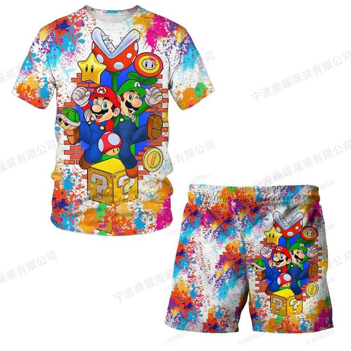Super Mario Bros T Shirt + Shorts Sets Kids Boys Girls T-shirts Short Pants 2 Pcs Suits Mario Peach Princess Clothing Girl Tops
