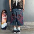 2024 Summer New Harajuku Vintage Hip-hop Cross Printed Baggy Denim Shorts Men's Y2K Gothic Rock Fashion Short Jeans Street Wear. 