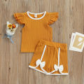 Jumperjuser-Toddler Kids Girls 2 Pieces Outfit, Fly Sleeve Round Neck Contrast Color T-Shirt + Bowknot Shorts Summer Set. 