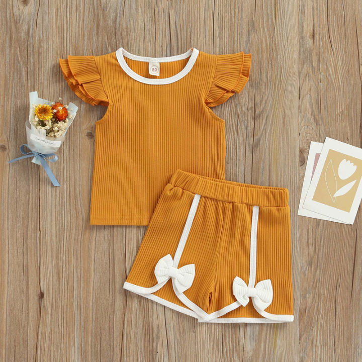 Jumperjuser-Toddler%20Kids%20Girls%202%20Pieces%20Outfit,%20Fly%20Sleeve%20Round%20Neck%20Contrast%20Color%20T-Shirt%20+%20Bowknot%20Shorts%20Summer%20Set%20-%20Image%203