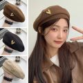 Fall Winter Elegant Solid British Painter Hats Brimless Baret For Women Woolen Beret Hat With Love Heart. 
