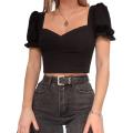 Women Solid Color Crop Top, Puff Sleeves Square Collar Pullover Vintage Style Clothes. 