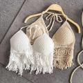 Boho Beach Holiday Camisole Halter Women Crochet Knit Swimsuit Bra Backless Vest Hollow Tassel Tank Top Women's Crop Tops.