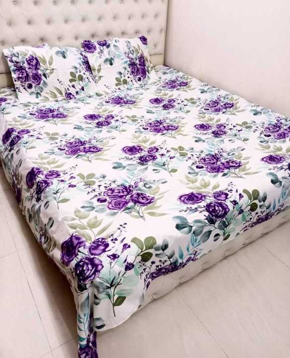 Double Size Flat Cotton Multicolor (Ash & White Floral Print) Bed Sheet Set - Two Pillow Covers Included- 300 Thread Count- Hand Washable