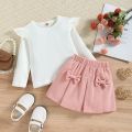 DSstyles 2 Pieces Baby Girls Skirt Set Cute Long Flying Sleeves Round Neck Tops Pleated Skirt With Bowknot Cotton Outfits For Girls.