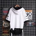super Fire Ribbon Hooded  Hop Short Sleeve  Hop Fashion T-shirt Men's Fake Two-piece Street Bf Loose Five Sleeve T-shirt. 
