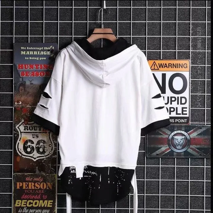 super%20Fire%20Ribbon%20Hooded%20%20Hop%20Short%20Sleeve%20%20Hop%20Fashion%20T-shirt%20Men's%20Fake%20Two-piece%20Street%20Bf%20Loose%20Five%20Sleeve%20T-shirt%20-%20Image%206