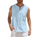Casual Summer Men Cotton Linen Tank Top Solid Color Sleeveless V Neck Loose Bandage Pocket Vest Tops Men'S Blouse Shirt Clothing.