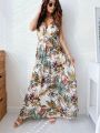 Women Bohe Maxi Long Sundress Summer Female V neck Backless Sleeveless Floral Print Bandage Party Dresses TCFZ-60.