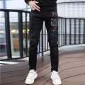 Men's Autumn New European Station Personality Trend Head Print Rhinestone Casual Ankle Banded Pants Denim Trousers Men. 
