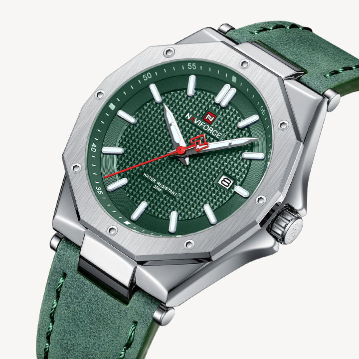 NAVIFORCE%20NF9200%20Green%20PU%20Leather%20Analog%20Watch%20For%20Men%20-%20Silver%20&%20Green%20-%20Image%203