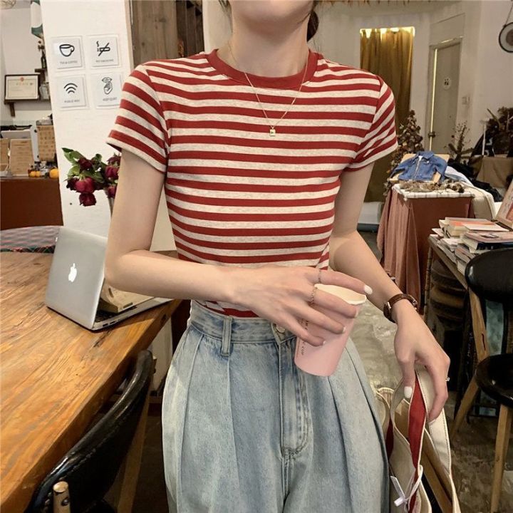 M61%20Summer%20Clothing%202023%20New%20French%20Style%20Sweet%20and%20Spicy%20Style%20Inner%20Bottoming%20Shirt%20Shoulder%20T%20Women's%20Striped%20T-shirt%20Shory%20Style%20Shirt%20-%20Image%208