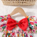 Summer new Baby Girls Dress Bow Puffy Sleeve Flower Hand-painted Wind Sweet Princess Dress Birthday Party Dress (0-3 years).