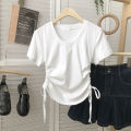 2023 Summer Design Sense Niche Hot Girl Shoulder Short Sleeve New Korean Style Top T T-shirt Slimming round Neck Yoga Clothes.