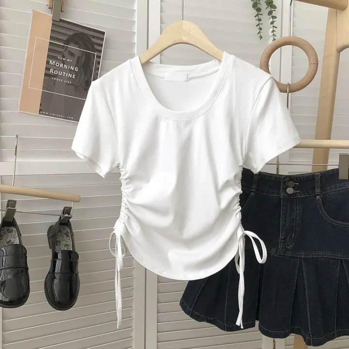 2023%20Summer%20Design%20Sense%20Niche%20Hot%20Girl%20Shoulder%20Short%20Sleeve%20New%20Korean%20Style%20Top%20T%20T-shirt%20Slimming%20round%20Neck%20Yoga%20Clothes%20-%20Image%204