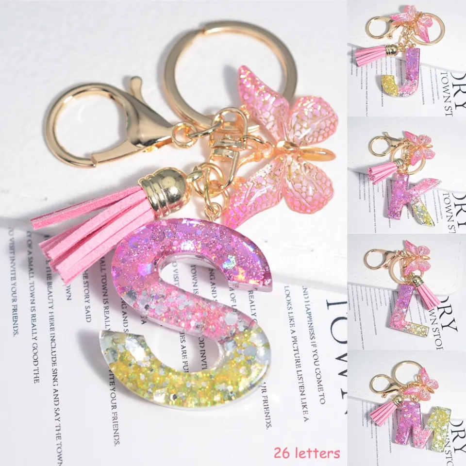 Cute Resin A-Z Initials Letter Keychain Pink Sparkle Butterfly