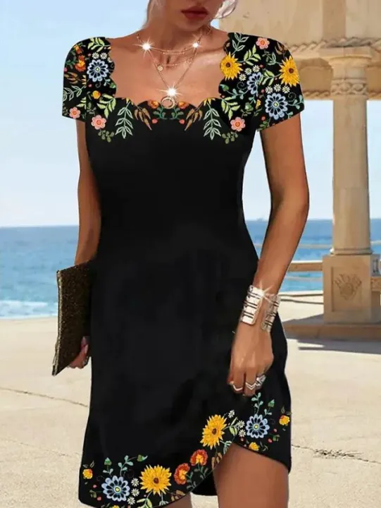 2023%20Summer%20Women's%20Wavy%20Neck%20Print%20Short-sleeve%20Dress%20Elegant%20Casual%20Floral%20Theme%20Printed%20Female%20Fashionable%20Knee%20Length%20Dress%20-%20Image%202